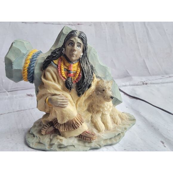 Vintage Native American Women And Wolf Figurine, thanksgiving decor Resin, 2 In - Picture 2 of 6